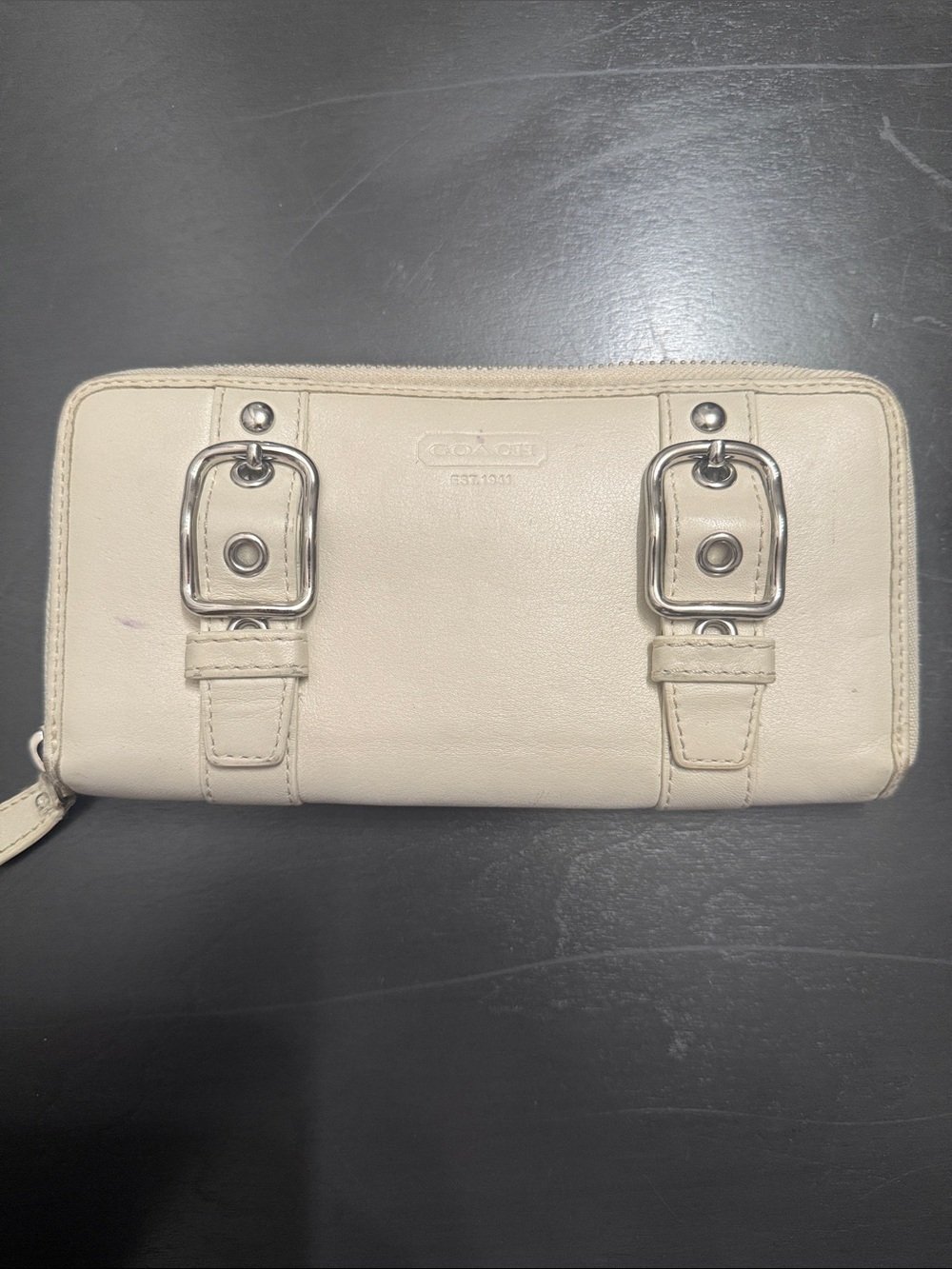 Coach Cream Leather Zip-Around Wallet with Buckle Hardware